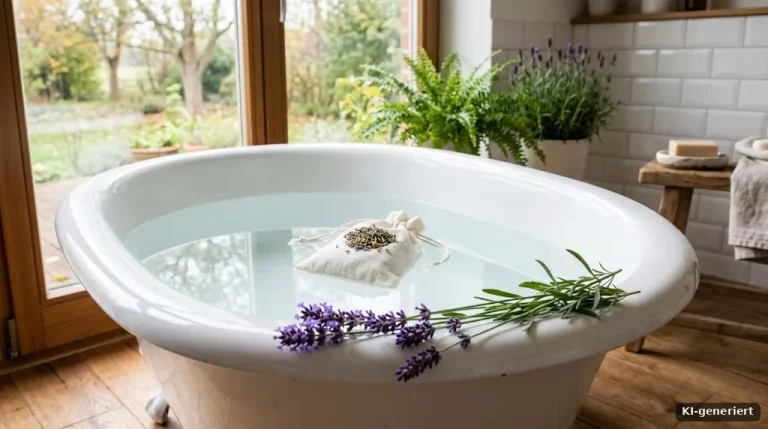 Freistehende Badewanne mit Wasser, ein Leinensäckchen mit Kräutern schwimmt darin, Lavendelzweige auf dem Rand
