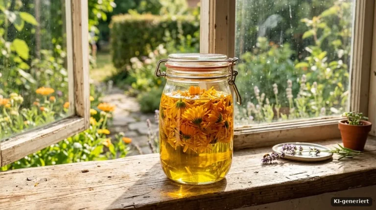 Einmachglas mit Olivenöl und Ringelblumenblüten auf einer sonnigen Fensterbank