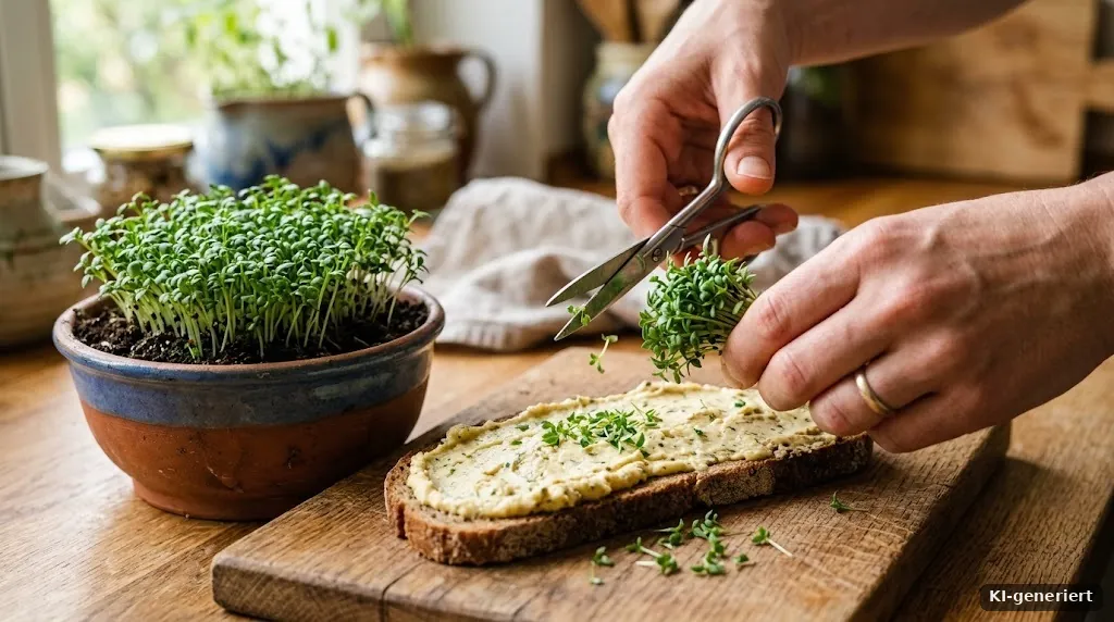 Schere schneidet frische Kresse über einem Butterbrot mit Pflanzenaufstrich