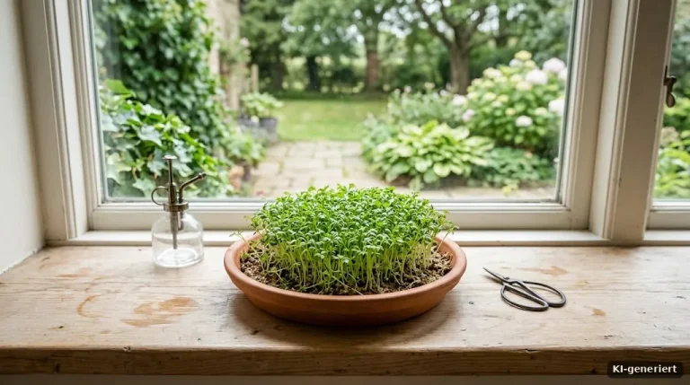 Gartenkresse in einer flachen Schale auf der Fensterbank