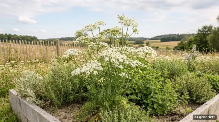 Blühender Kümmel mit weißen Doldenblüten im Beet