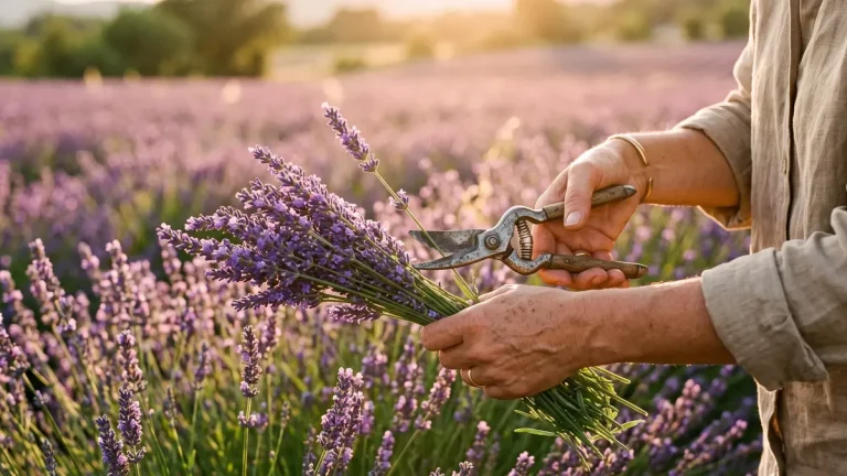 Reihe aus blühendem Echtem Lavendel mit violetten Blütenähren an einem sonnigen Gartenweg
