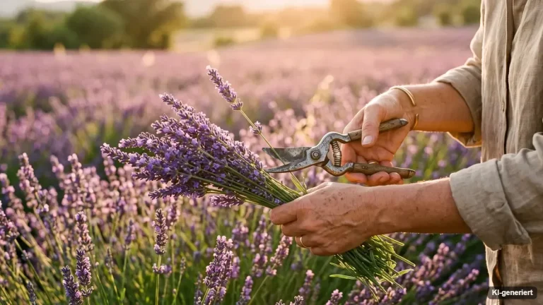 Reihe aus blühendem Echtem Lavendel mit violetten Blütenähren an einem sonnigen Gartenweg