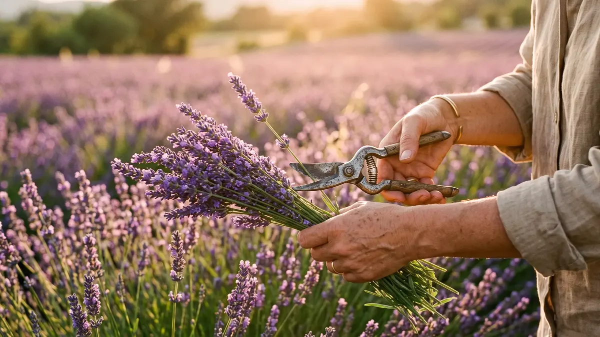 Reihe aus blühendem Echtem Lavendel mit violetten Blütenähren an einem sonnigen Gartenweg