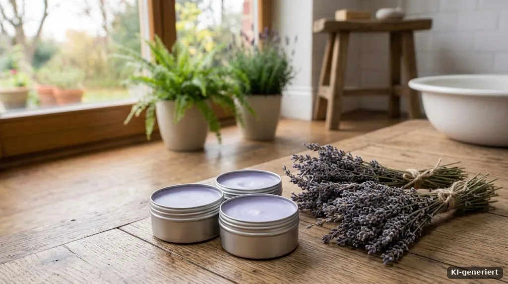 Kleine Metalldosen mit hellviolettem Balsam neben getrockneten Lavendelsträußchen