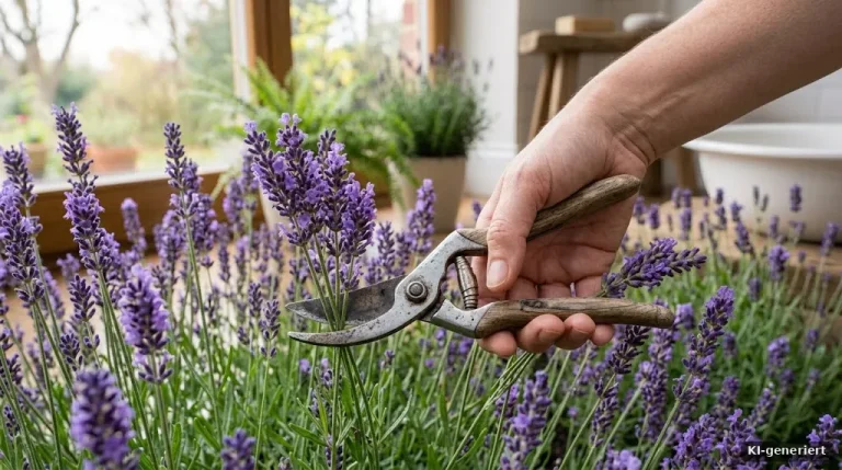 Blühendes Lavendelbeet im Sommer, Hand mit Gartenschere schneidet Stiele
