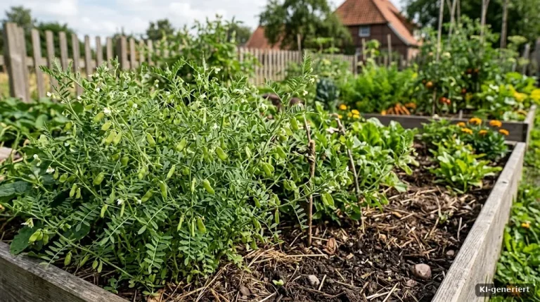 Linsenpflanzen mit kleinen Hülsen im Beet