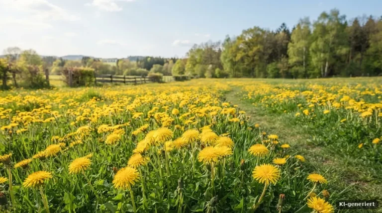 Löwenzahnwiese im Frühling mit gelben Blüten