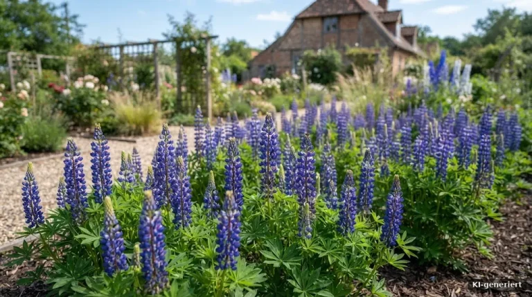 Blühende blaue Süßlupinen auf einem kleinen Feld im Hausgarten