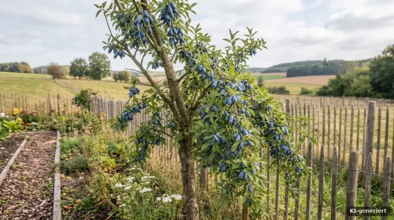 Maibeerenstrauch mit länglichen blauen Beeren