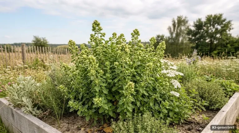 Majoranpflanzen im Kräuterbeet in der Sonne