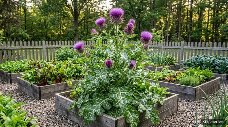 Blühende Mariendistel mit violetten Blüten und weiß geaderten Blättern
