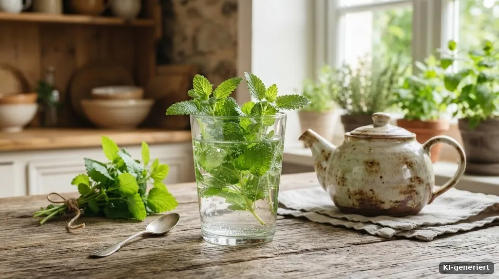 Zitronenmelisse in einem Glas Wasser neben einer Teekanne