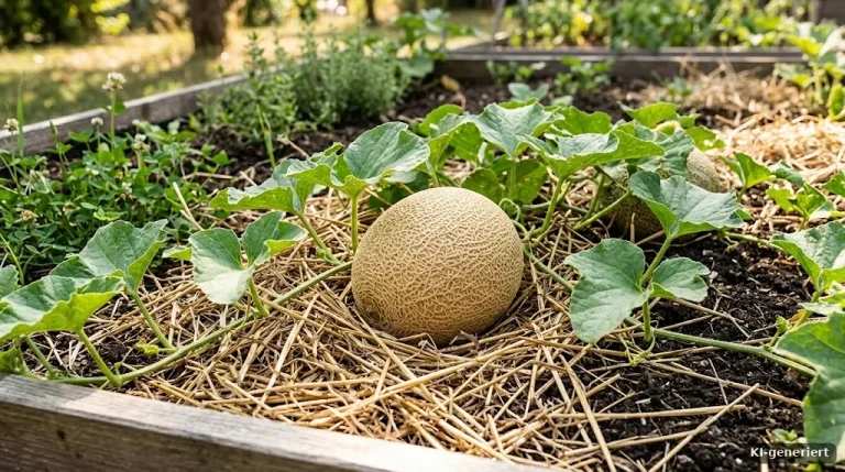 Zuckermelone auf Stroh zwischen Blättern im Beet