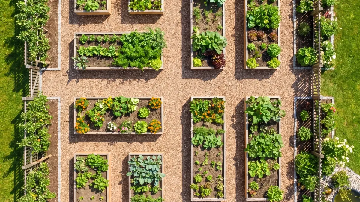 Gemüsegarten mit Beeten in Mischkultur von oben