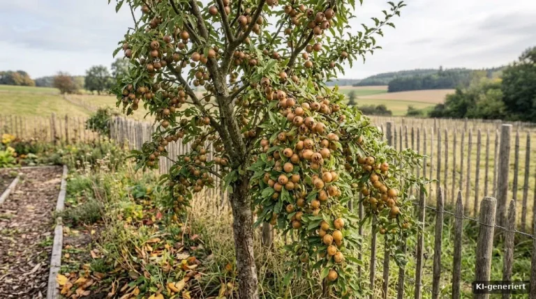 Mispelbaum mit braunen Früchten im Spätherbst