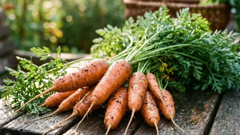 Frisch geerntete orange Möhren mit grünem Laub auf Gartenerde