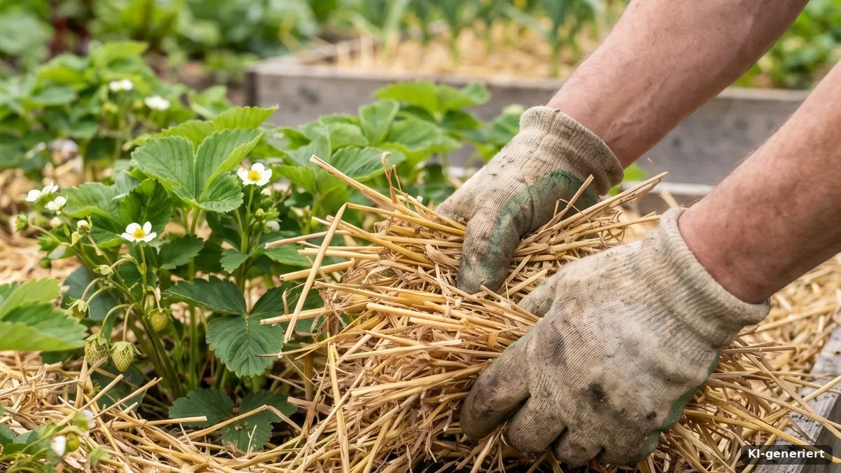Stroh wird als Mulch ins Beet gelegt