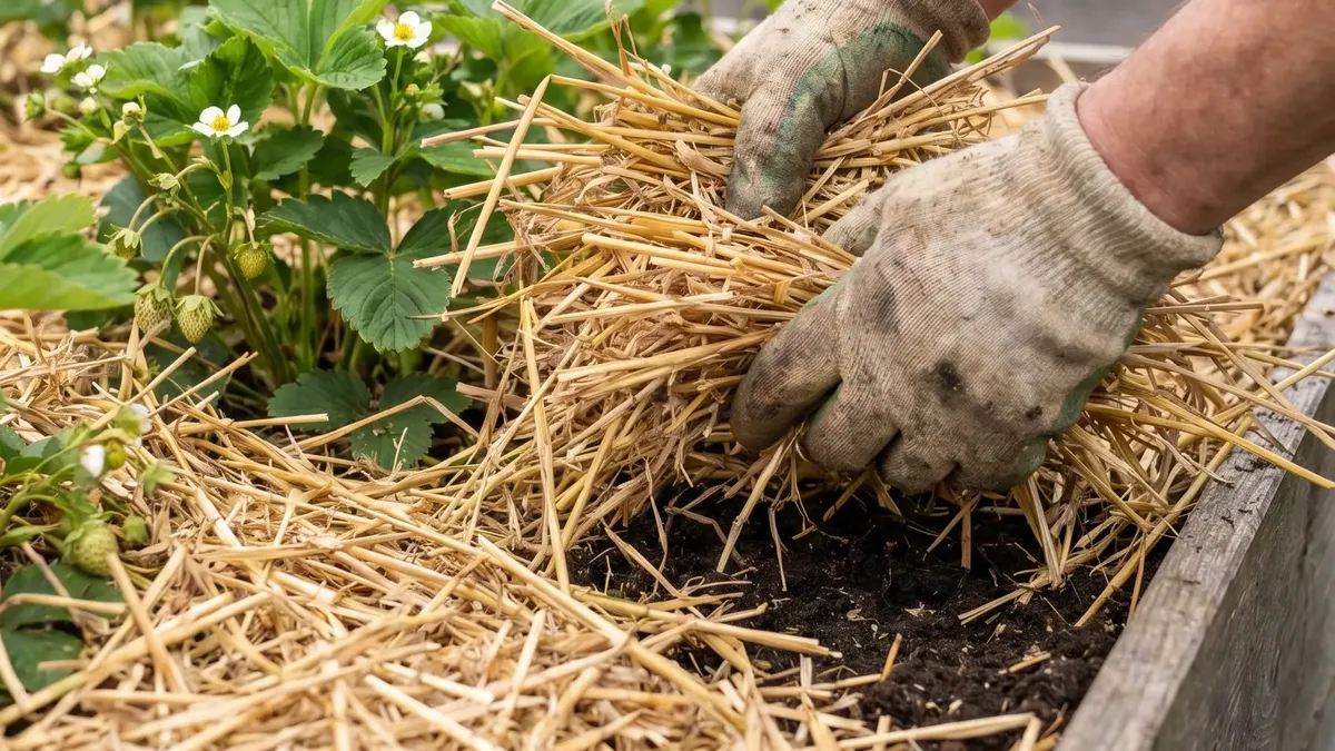 Stroh als Mulch im Erdbeerbeet