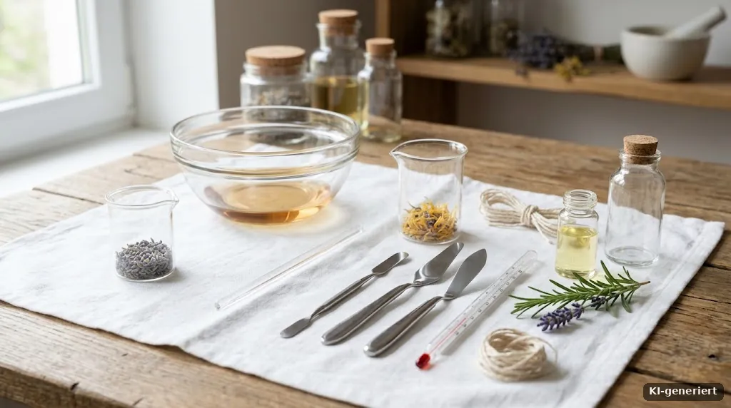Sauberes Arbeitsgerät: Glasschalen, Spatel und Thermometer auf einem weißen Tuch