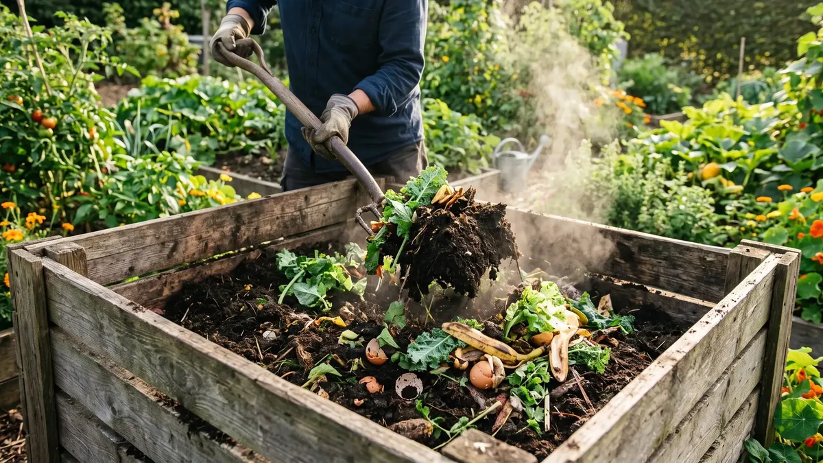 Kompost wird auf ein Beet aufgetragen – No-Dig-Garten