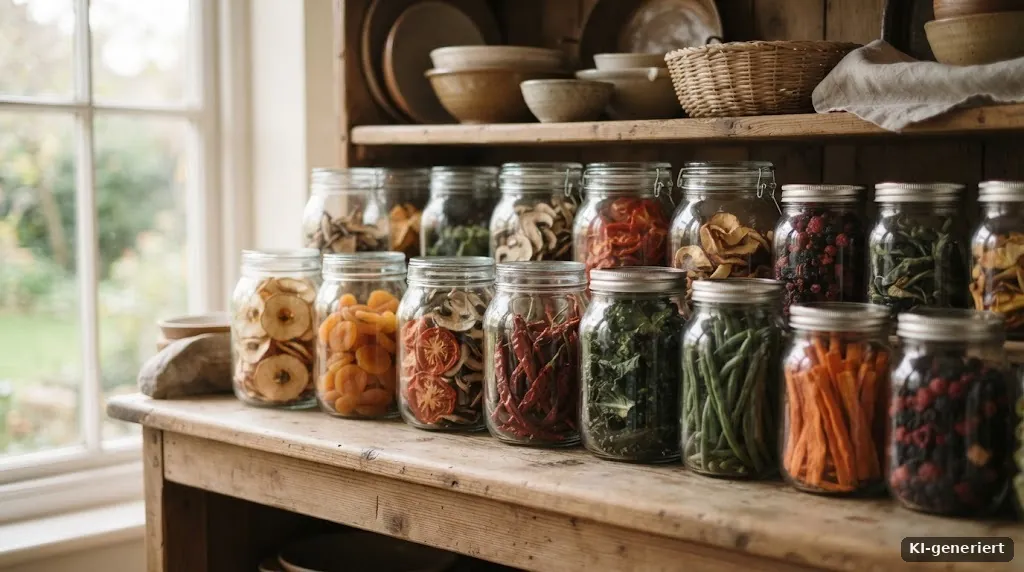 Gläser mit getrocknetem Obst und Gemüse im Regal