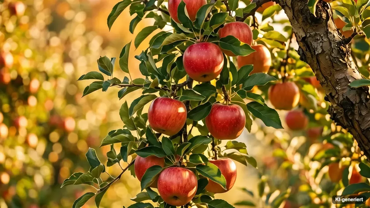 Verschiedene Beerensträucher und ein junger Obstbaum in einem kleinen Selbstversorger-Garten