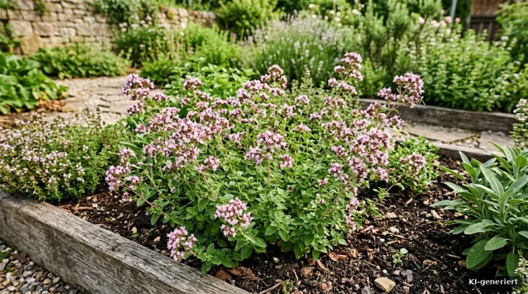 Blühender Oregano im Kräuterbeet