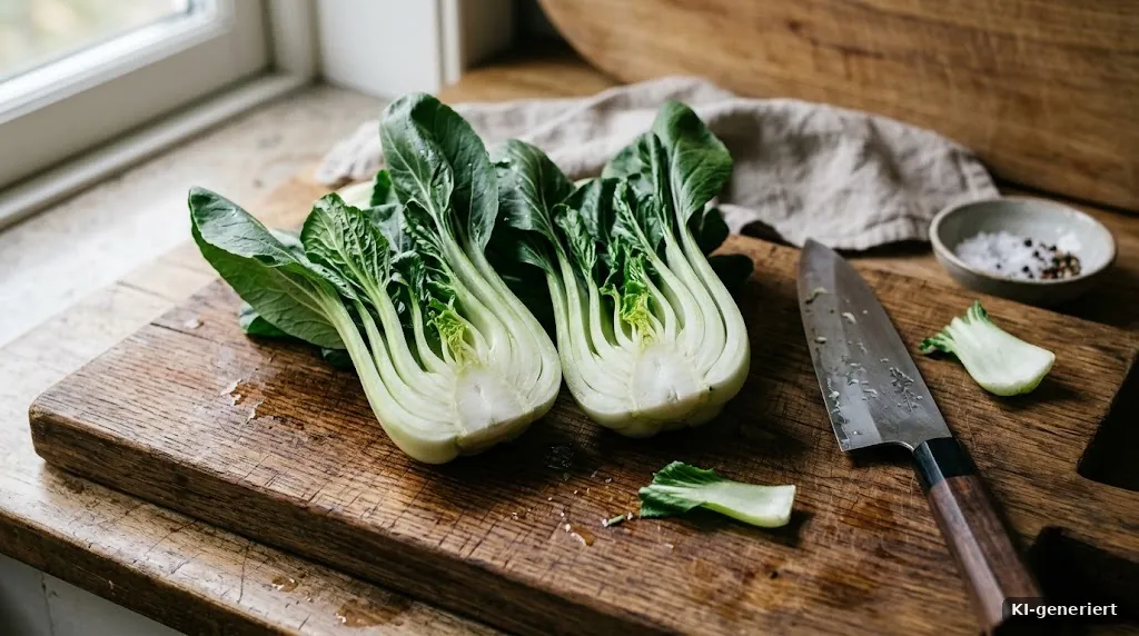 Halbierter Pak Choi auf einem Schneidebrett