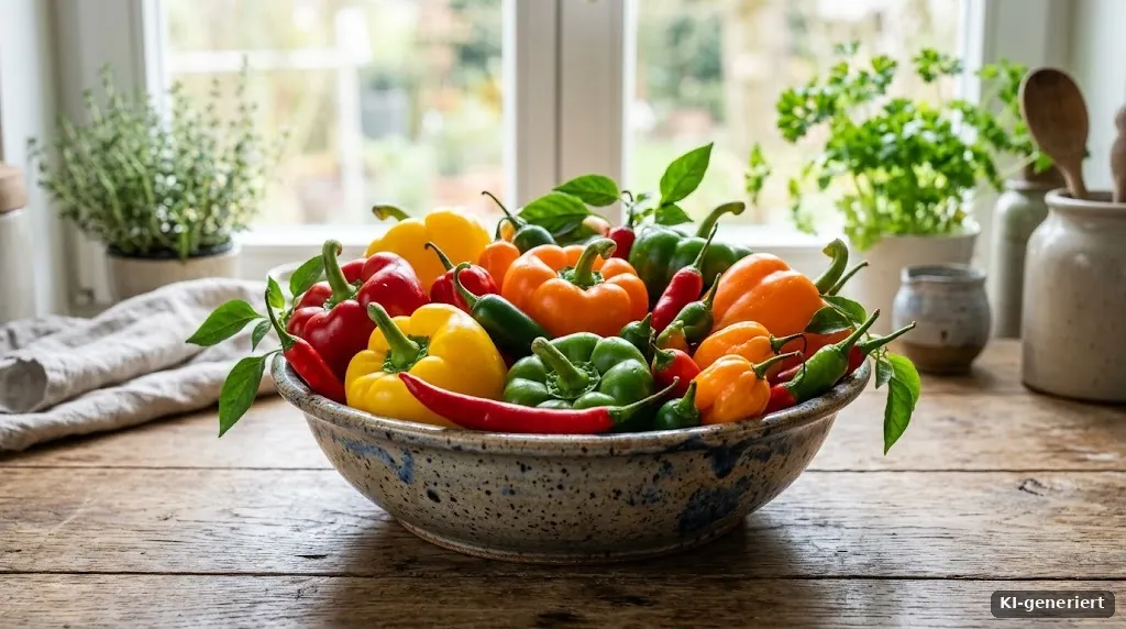 Bunte Paprika und Chilis in einer Schale
