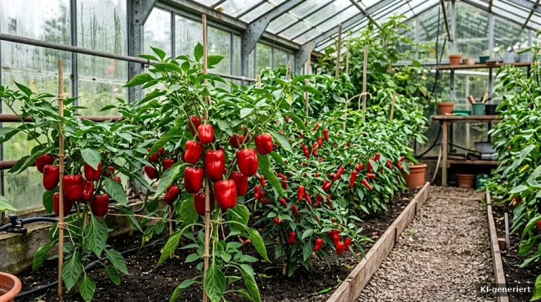 Paprika- und Chilipflanzen mit roten Früchten im Gewächshaus