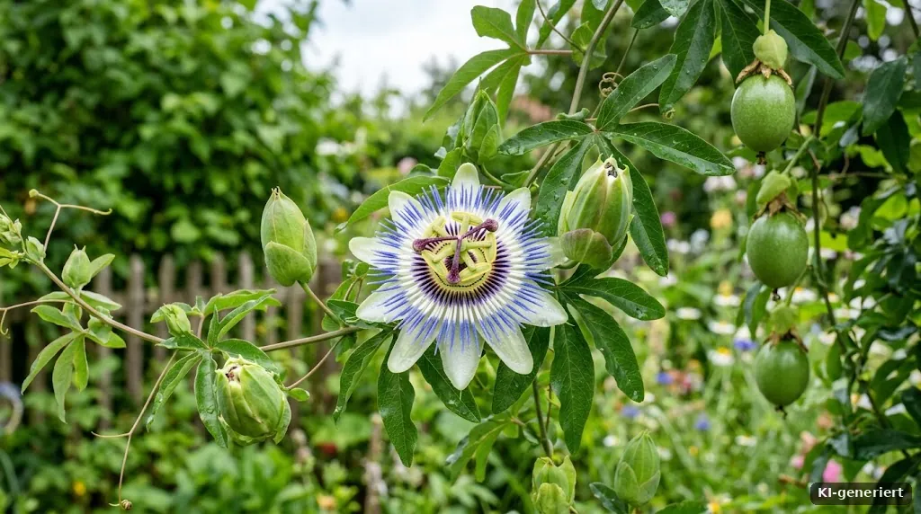 Nahaufnahme einer Passionsblumenblüte mit Knospen