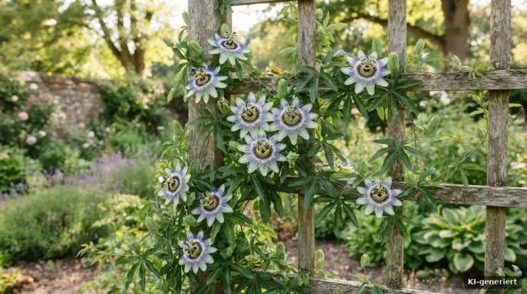 Blau-weiße Passionsblume an einem Rankgitter