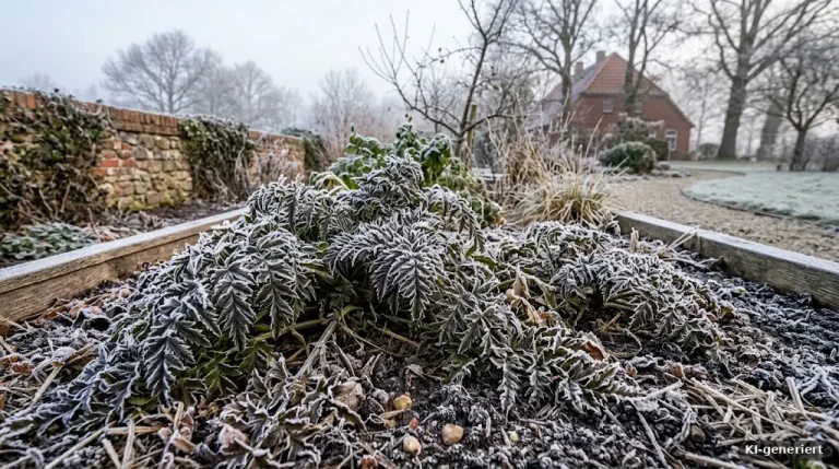 Pastinakenblätter im Winterbeet mit Raureif