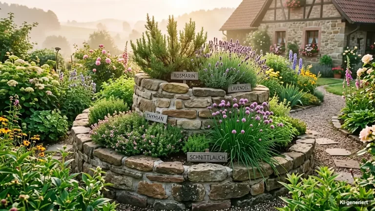 Naturnaher Permakultur-Hausgarten mit Kräuterspirale, gemulchten Beeten, Beerensträuchern und Obstbäumen