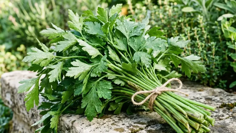 Kräftige Pflanzen glatter und krauser Petersilie in einem Gartenbeet