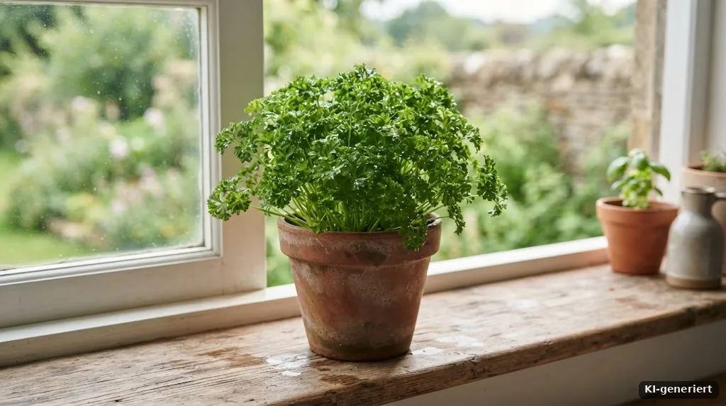 Krause Petersilie in einem Tontopf auf der Fensterbank