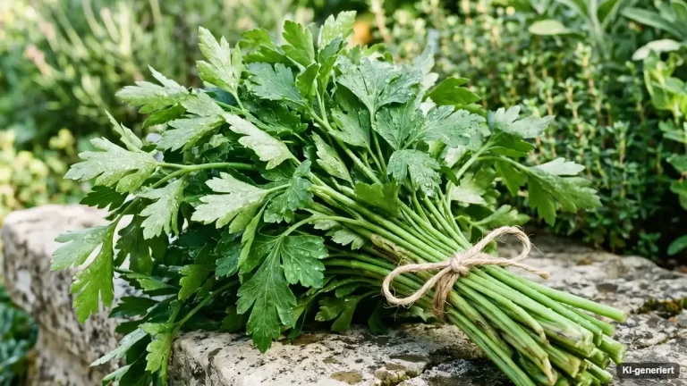 Kräftige Pflanzen glatter und krauser Petersilie in einem Gartenbeet