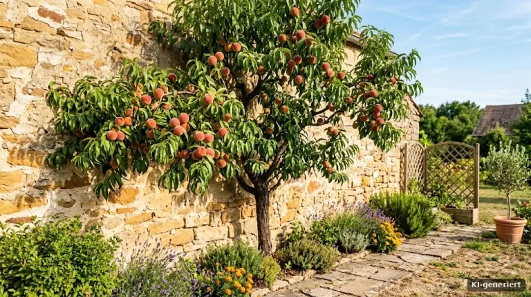 Pfirsichbaum mit reifen Pfirsichen an einer sonnigen Mauer
