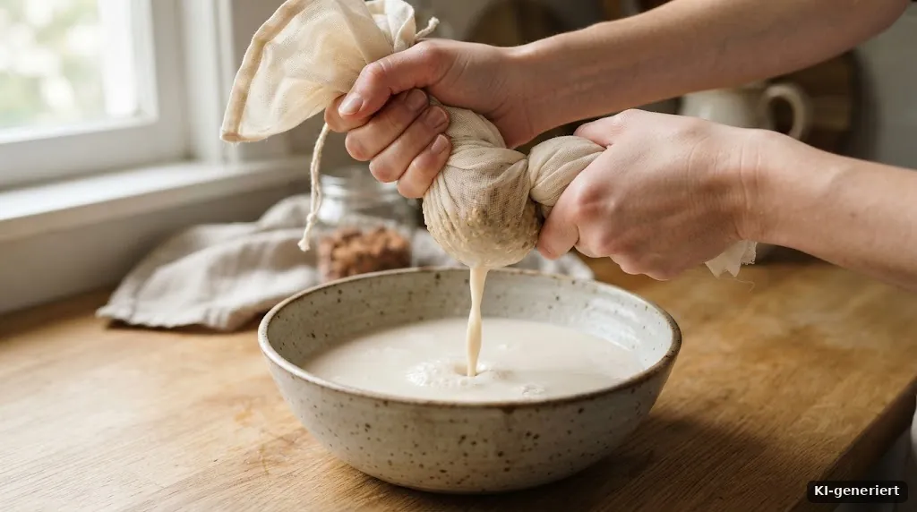 Nussmilchbeutel wird über einer Schüssel ausgedrückt