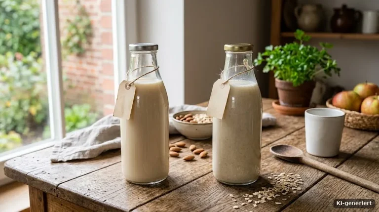 Glasflaschen mit Hafermilch und Mandelmilch auf einem Küchentisch