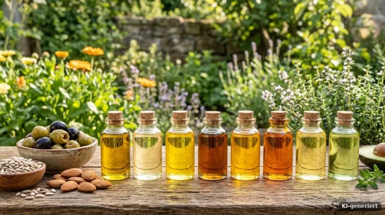 Mehrere kleine Glasfläschchen mit verschiedenfarbigen Pflanzenölen, daneben Oliven, Mandeln und Sonnenblumenkerne