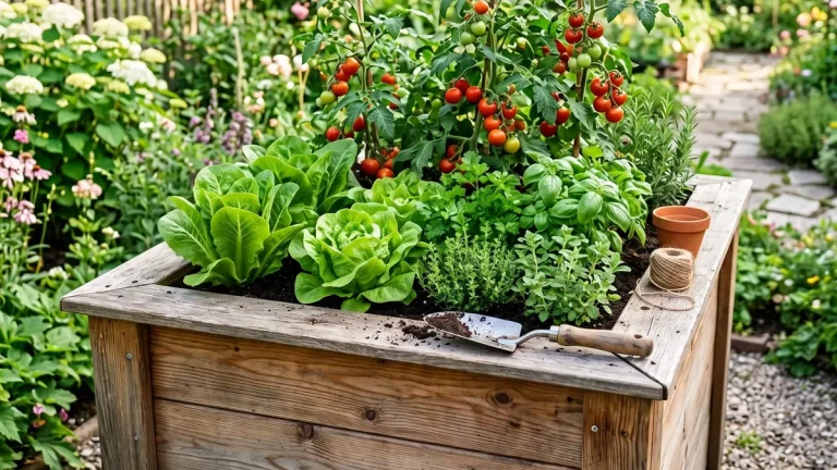 Mehrere Pflanzensäcke aus grauem Vlies mit Kartoffeln, Tomaten und Kräutern auf einer sonnigen Terrasse