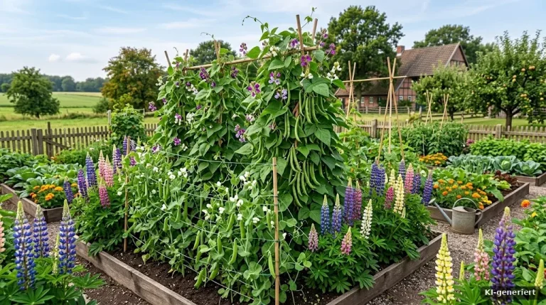 Beet mit Stangenbohnen, Erbsen und Lupinen im Sommer