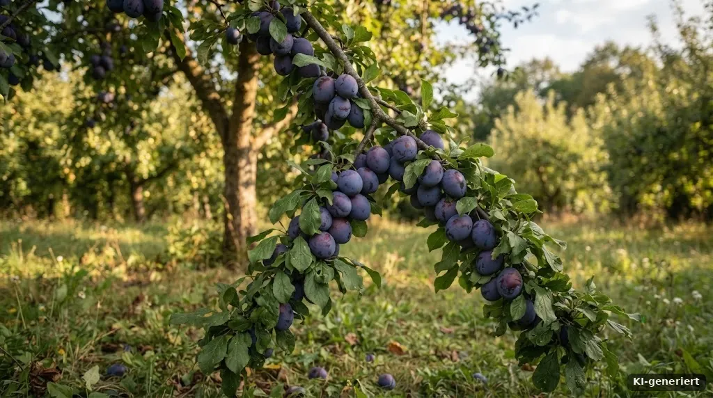 Reife Zwetschgen an einem Baum im Spätsommer