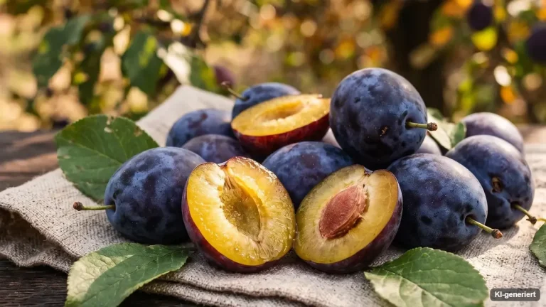 Zwetschgenbaum mit reifen blauen Zwetschgen im Spätsommer