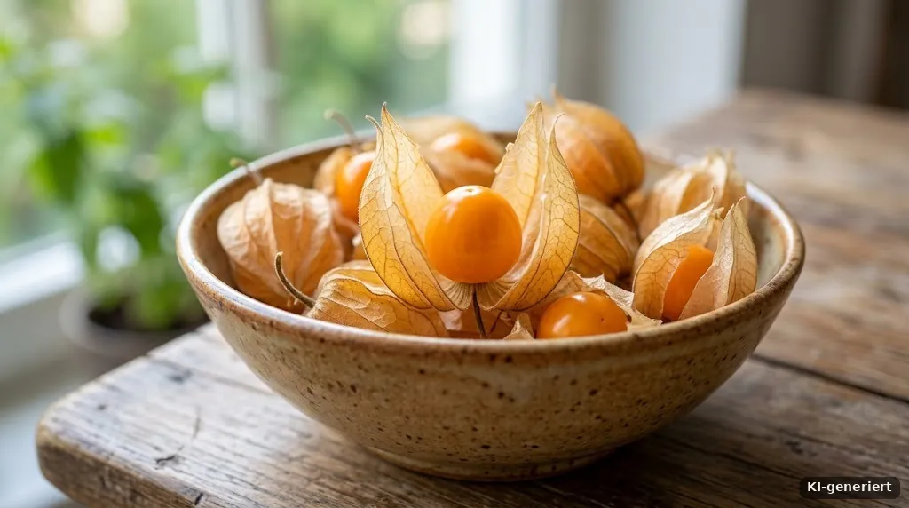 Geöffnete Physalis mit orangefarbener Frucht in einer Schale