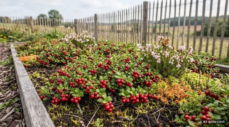 Preiselbeeren mit roten Beeren in einem Moorbeet