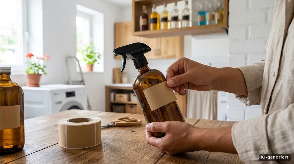 Hand klebt ein leeres Papieretikett auf eine braune Glassprühflasche, Holztisch, Tageslicht