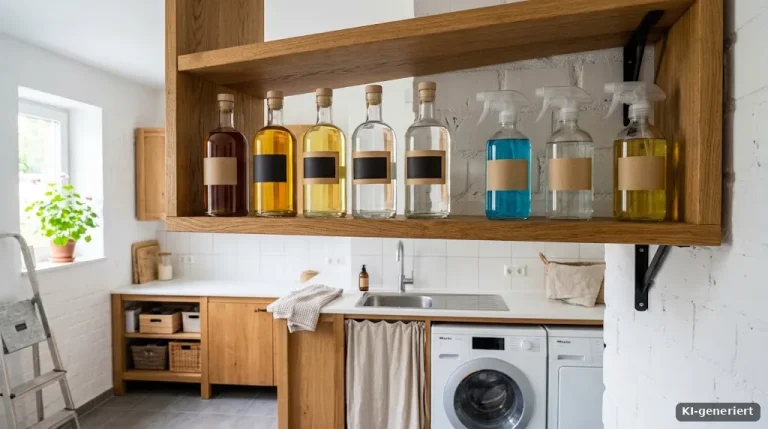 Offenes Holzregal in einer hellen Hauswirtschaftsküche mit selbst befüllten Glas- und Sprühflaschen, weit oben außer Reichweite